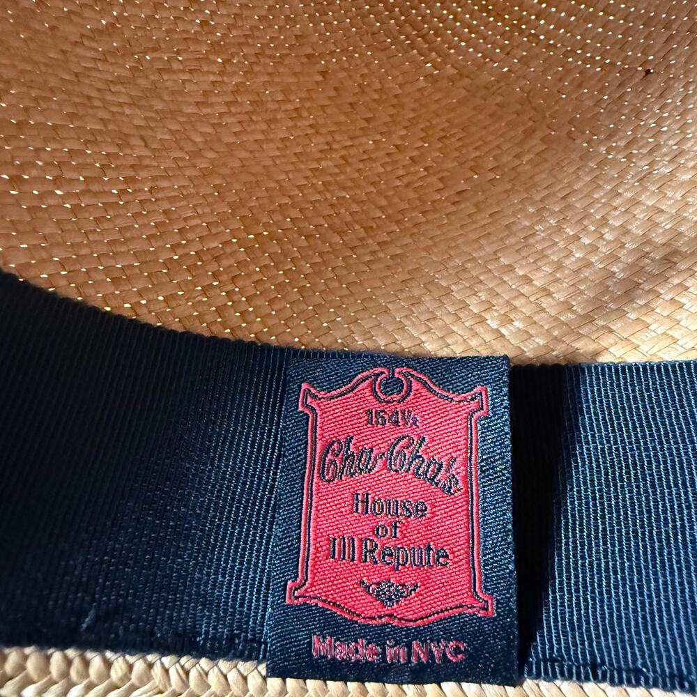 Cha Cha's House of Ill Repute Woven Fedora with Leather trim Brown Blue Ribbon - Picture 7 of 9